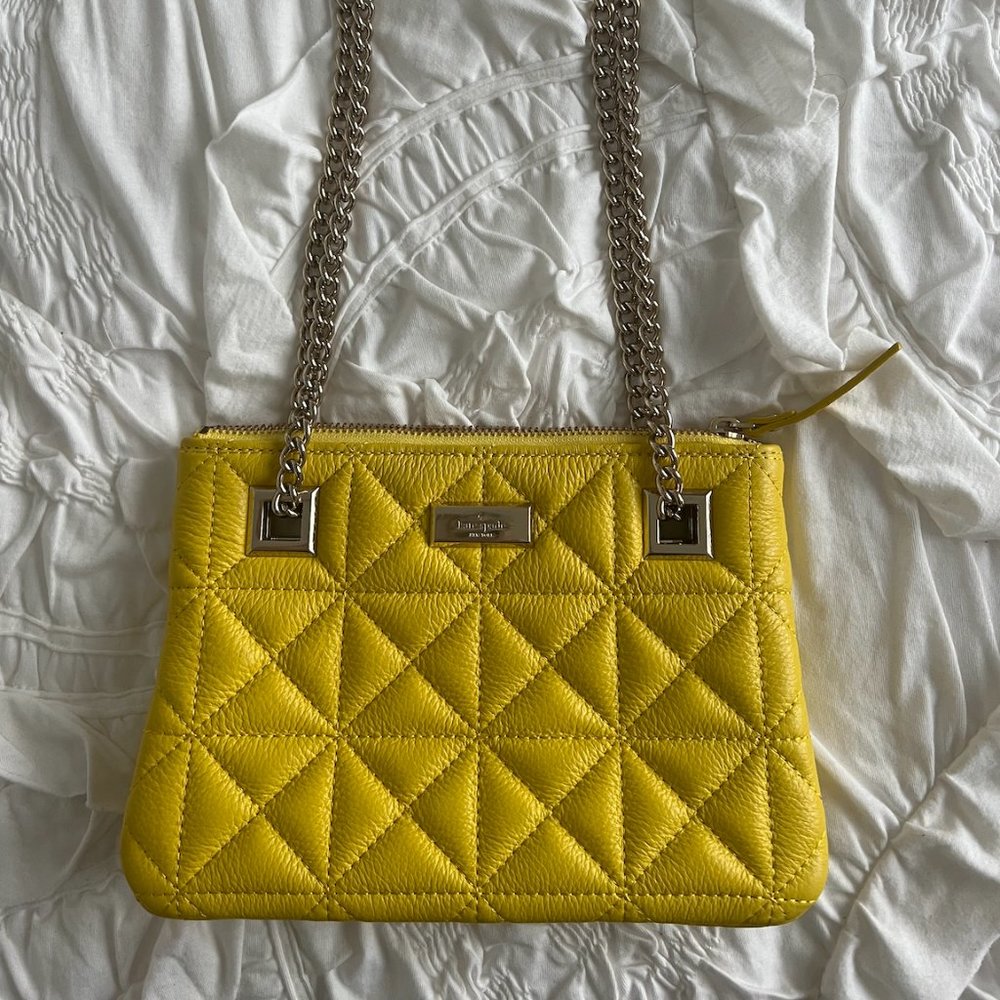 Kate Spade Crossbody Bag Yellow Quilted Leather Purse With Double Chain